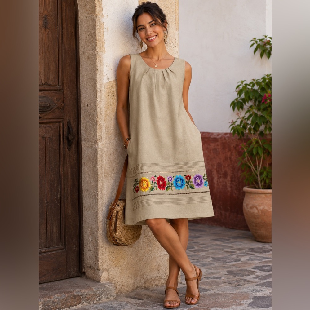 Vintage Mexican Artisan Floral Embroidered Shift Dress Beige Size 36